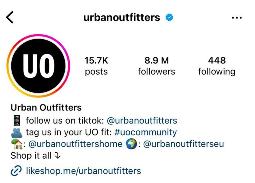 Aesthetic Instagram Bio UO Logo Urban Outfitters' Instagram bio with black logo as profile picture