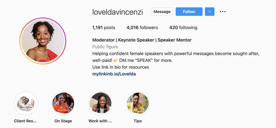 CTA aesthtic instagram bio example Loveldavincenzi's Instagram page with 4,016 followers and 1,191 posts