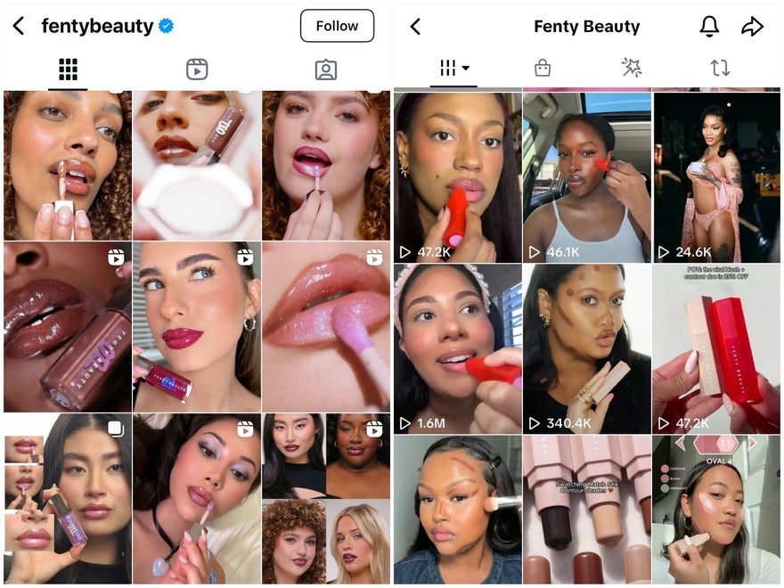 Fenty Beauty TikTok and Instagram Feed Two screenshots of Fenty Beauty's Instagram feed (left) and TikTok feed (right).
