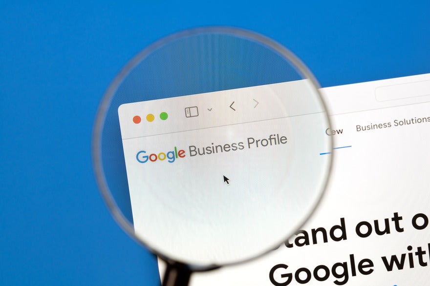 GBP review outage Magnifying glass hovering over a browser showing the Google Business Profile homepage