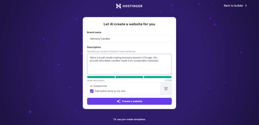 Hostinger AI Builder Hostinger setup page with text describing a candle business called harmony candles