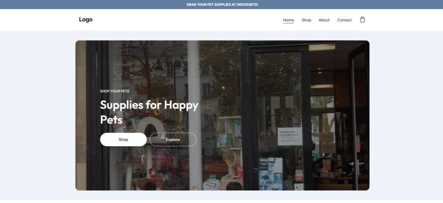 Hostinger AI Hero Image AI generated homepage image, showing a picture of a pet shop window. The image doesn't look professional