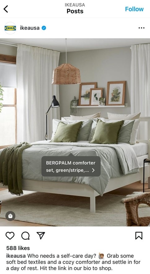 Ikea Shoppable Posts Ikea Instagram post of a bed with a shoppable link