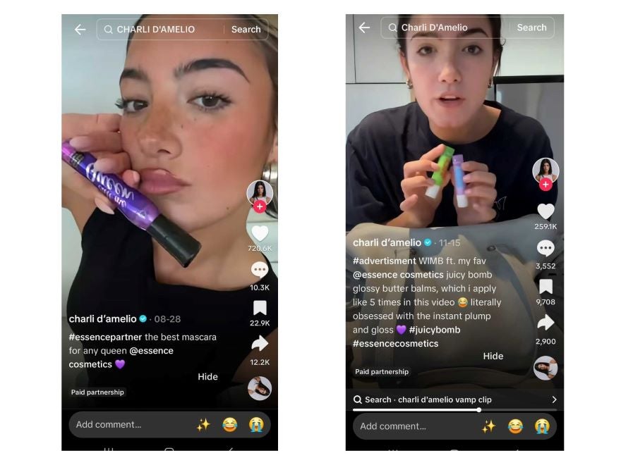 Influencer TikTok Collab Example Screenshot of TikTok's where influencer Charli D'Amelio promotes Essence Makeup products.