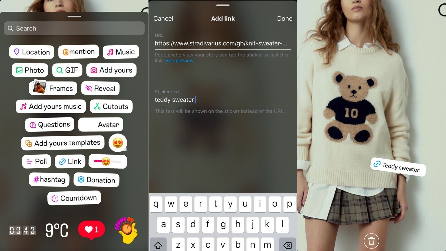 Make Money on Instagram Story Link (1) Three screenshots showing how to add story links