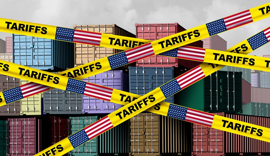 Products impacted by US tariffs Cargo containers with yellow tape across the image showing the word "Tariffs" and the US flag