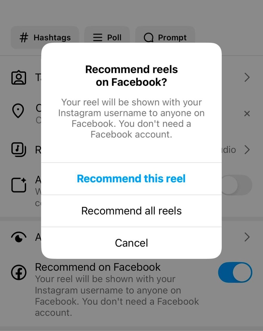 Recommend on Facebook Instagram Reel Pop up explaining the recommended on Facebook feature