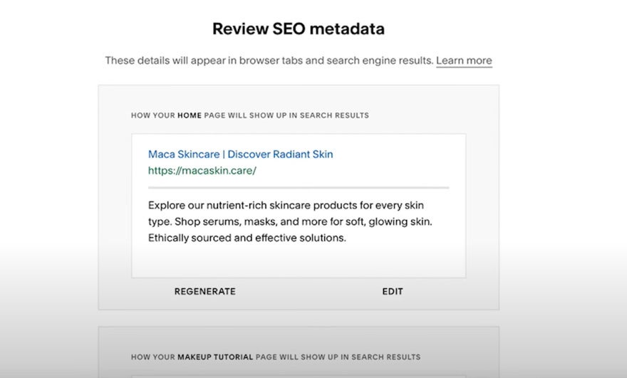 Squarespace AI SEO Tool Squarespace AI meta data recommendation preview showing how it would appear in google