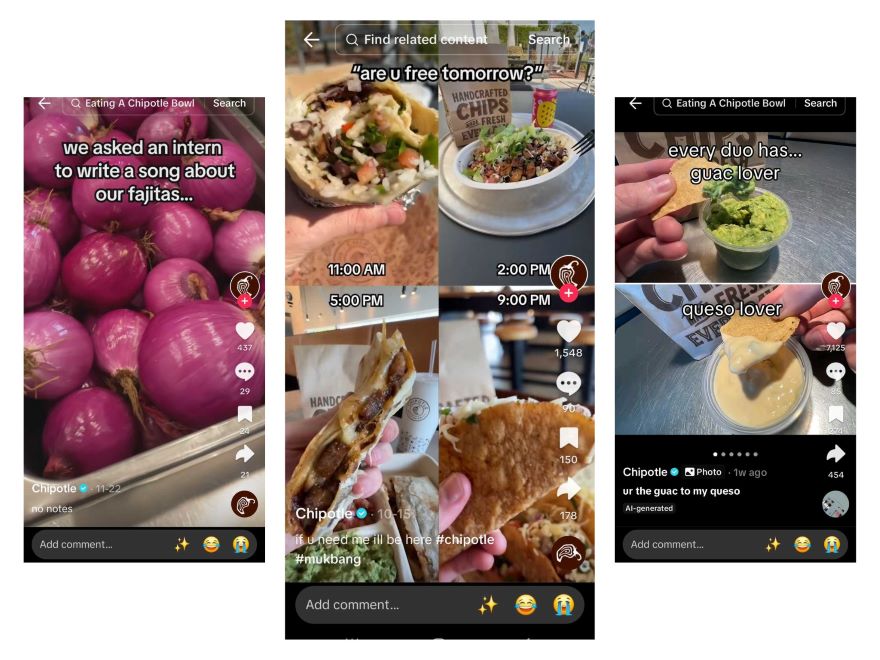 TikTok Chipotle Humour Screenshot of Chipotle TikTok's showcasing its memes