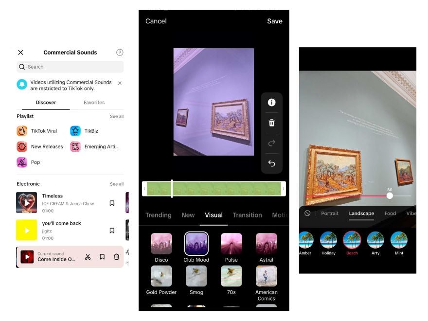TikTok Editor Effects Screenshots of TikTok's editor showcasing visual effects like transitions, filters, and sounds