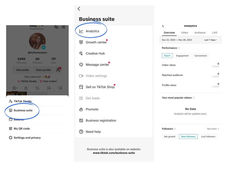 TikTok Trends Business Suite Analytics Screenshot of accessing the analytics tools from a TikTok profile