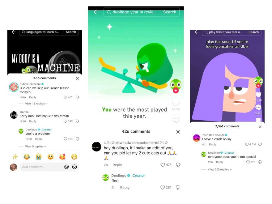 TikTok Trends Comments Screenshot of Duolingo's comment replies from its TikTok videos