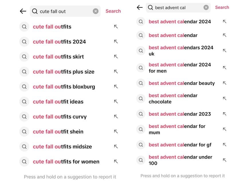 TiktTok Search Function Screenshot of TikTok's search function and two lists of its predicted searches for "cute fall outfit"