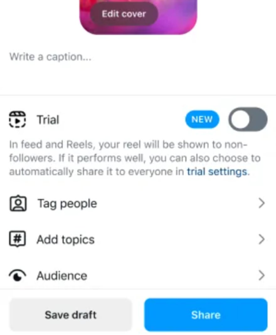 Trial Toggle Instagram Reels publishing an Instagram reel with trial toggle