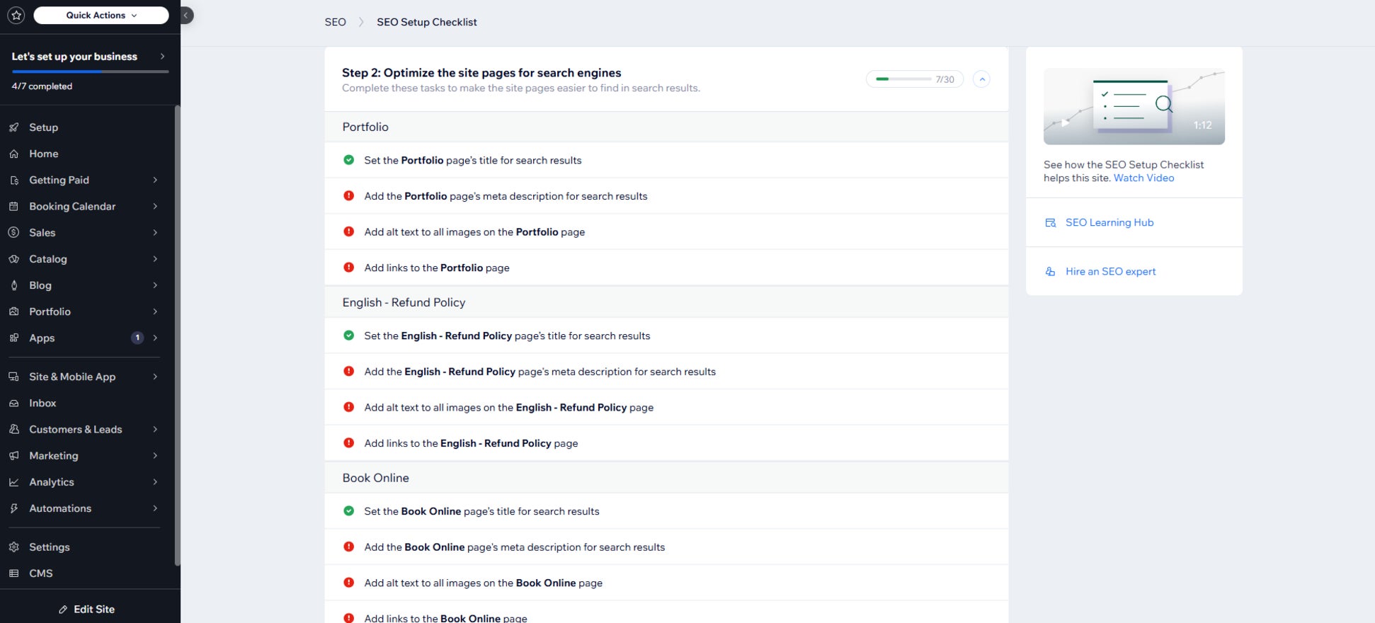 Wix SEO Checklist Wix dashboard seo checklist