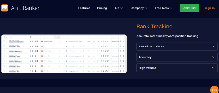 AccuRanker AccuRanker homepage showing its features