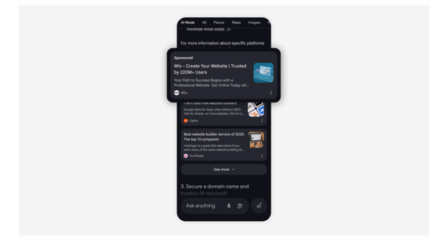 Ads in Google AI Mode Screenshot of a phone screen highlighting a sponsored ad in an AI Mode search