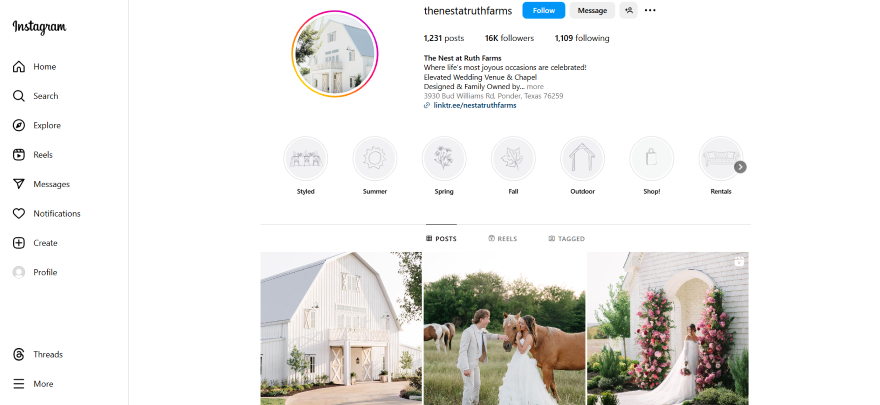 Screenshot of an Instagram page for a wedding venue with an attractive pastel style