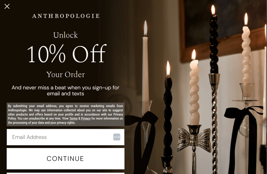 Anthropologie newsletter deal Anthropologie pop up offering a 10% off discount if you sign up to the newsletter