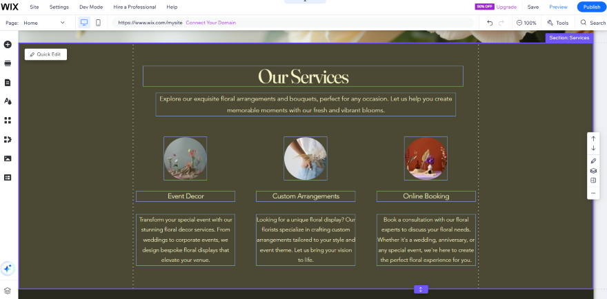 Best Blooms Floristry Section Image shows a website section titled "Our Services" offering floral arrangements for events, with options for event decor, custom arrangements, and online booking.