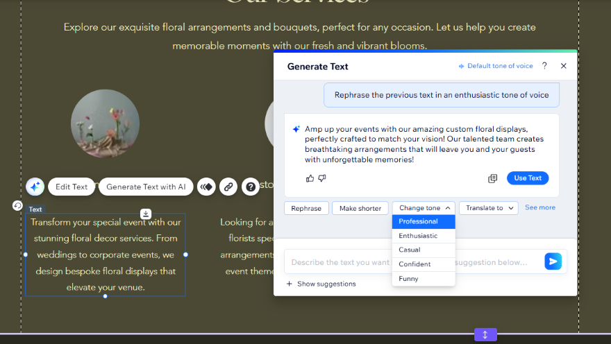 Best Blooms Wix AI Generated Text A digital workspace showcasing floral design services with options for text editing and tone adjustments for marketing materials.