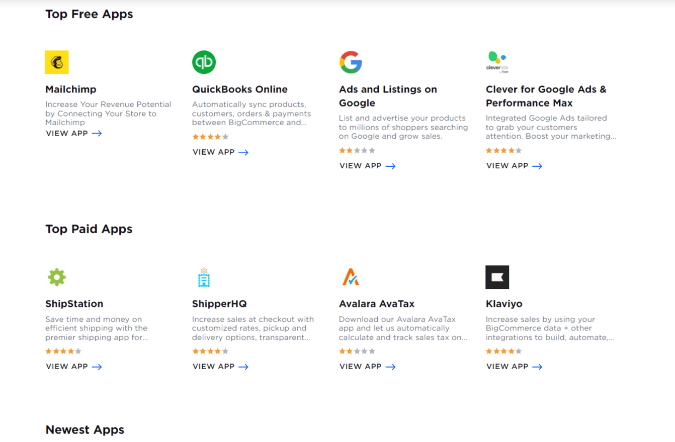 BigCommerce pricing app store bigcommerce's app store showing the top four free and paid apps