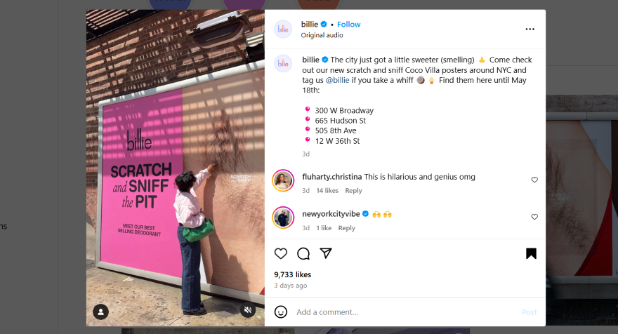 Billie Scratch And Sniff Instagram post of a passerby interacting with a large poster of an armpit
