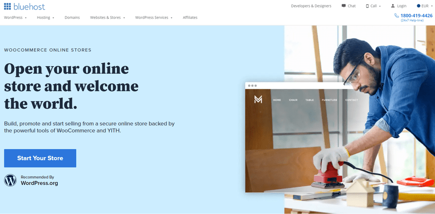 Bluehost WooCommerce 2 A man polishing wood over a website image and information beside it on opening an online store.