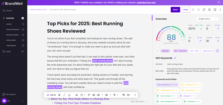 Brandwell Add Meta Data Screenshot of a website editor displaying an article titled "Top Picks for 2025: Best Running Shoes Reviewed," with SEO metrics and suggestions.