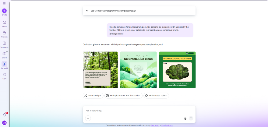 Canva AI chatbot interface A design interface showing eco-conscious Instagram post templates featuring greenery and motivational quotes about sustainability.