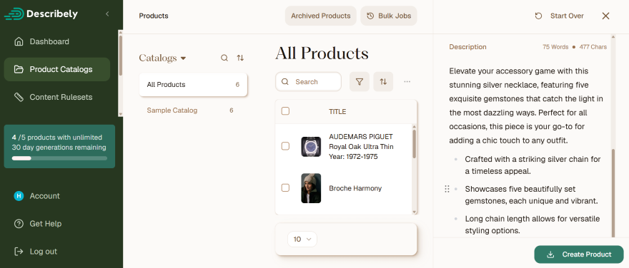Describlely Generated Product Description Screenshot of a product catalog page featuring luxury jewelry, including a silver chain with gemstones and options to create or archive products.