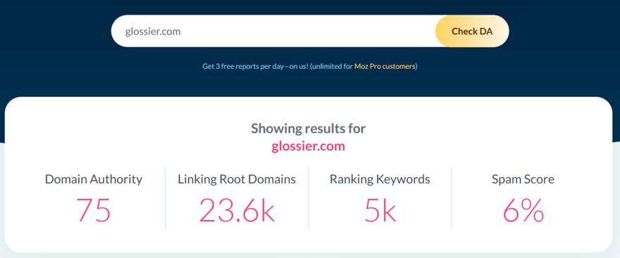 Domain authority checker Domain authority checker showing stats for Glossier.com