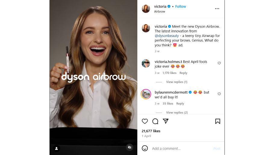Dyson Airbrow Influencer Instagram reel showcasing a promo video with a woman smiling for the Dyson Airbrow