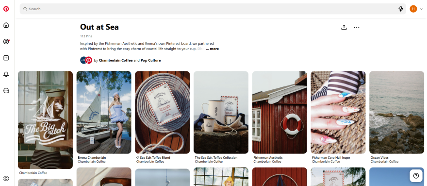 Emma Chamberlain Pinterest Coffee Board Screenshot of a Pinterest board with various nautical-inspired photos.