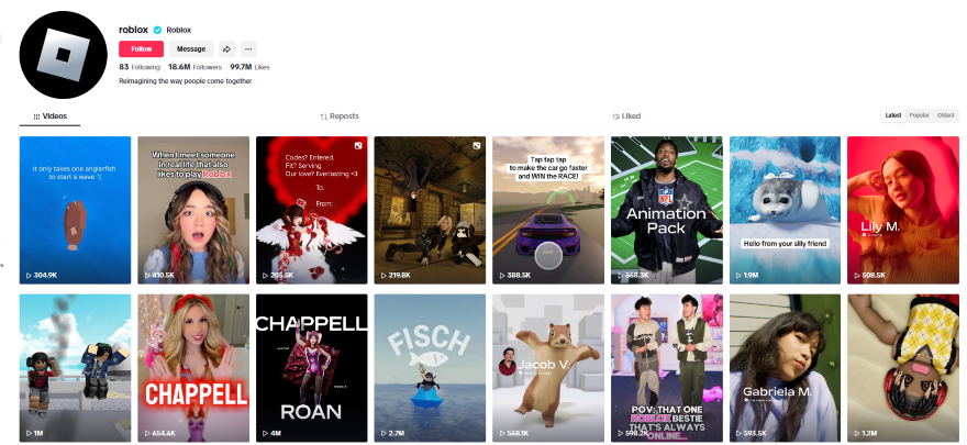 Example of Good Social Media Fit TikTok Roblox Roblox's TikTok page in desktop view with various video thumbnails