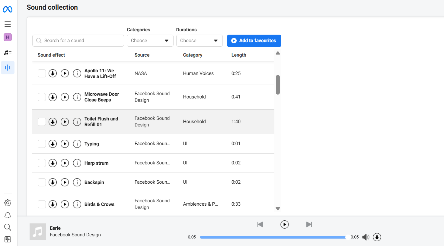 Facebook Meta Sound Collection Screenshot of a sound collection interface displaying various sound effects, their sources, categories, and lengths.