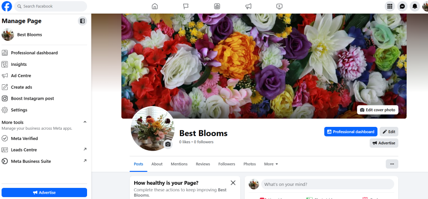 Screenshot of a Facebook Business page with a colorful bouquet cover image
