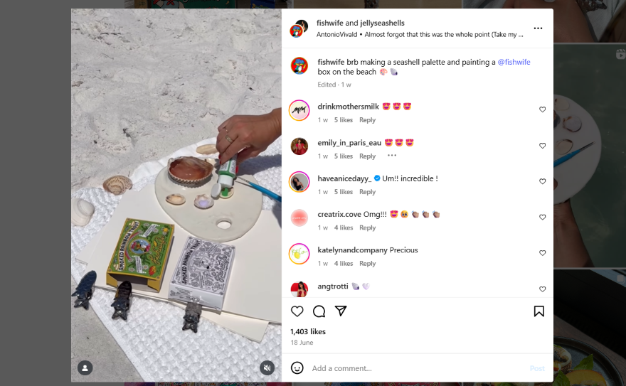Fishwife Aesthetic Shorts Screenshot of a social media post featuring a user reflecting on their creative process related to painting and beach-themed artwork.