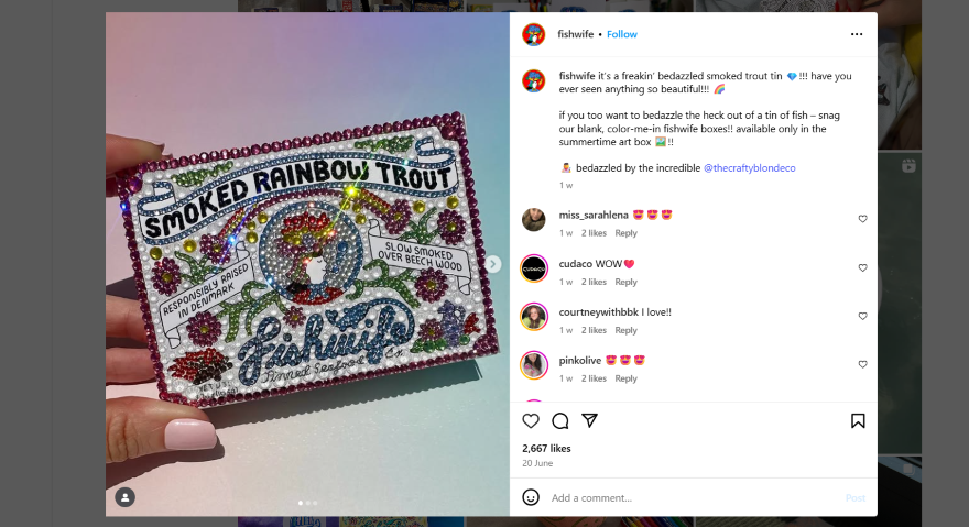 Fishwife Bedazzled Tin Can A screenshot of a social media post featuring a colorful background with text discussing smoked rainbow trout and promoting a product available during summer. The post includes user tags, emojis, and instructions for engagement.