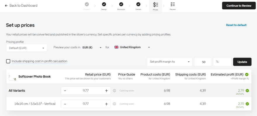 Gelato Calculated Profit Costs Gelato dashboard showing an estimated profit calculator