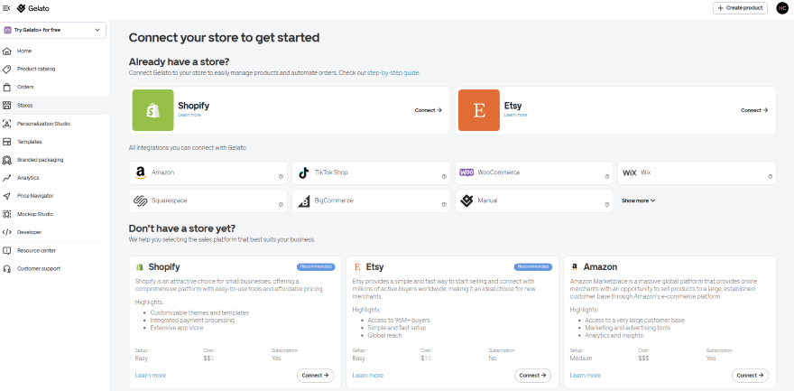 Gelato Multiple Sales Channels Integrations Gelato "Stores" tab dashboard showing integrations with Shopify and Etsy