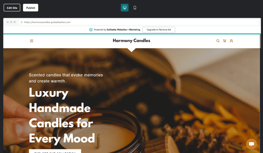 GoDaddy AI builder GoDaddy AI website builder showing a template for a candle business