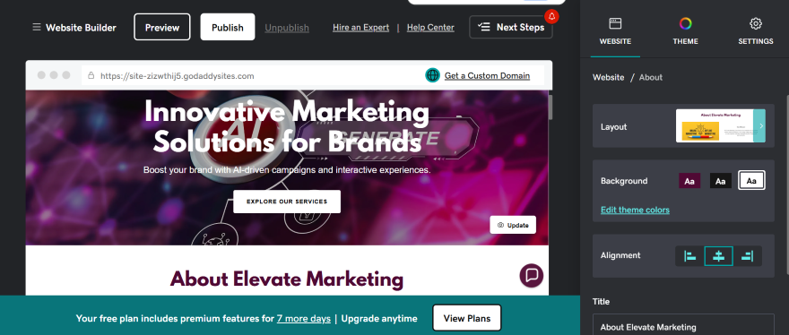 GoDaddy AI Generated Marketing Website A web design interface showcasing a marketing website titled "Innovative Marketing Solutions for Brands" with vibrant colors and navigation options.