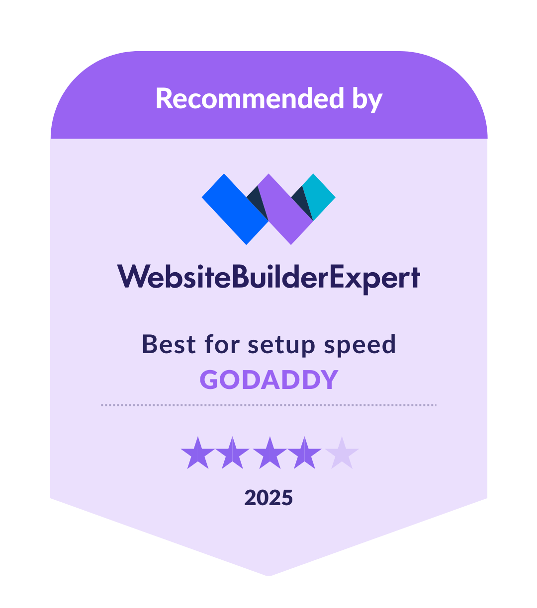 GoDaddy light Badge showing GoDaddy as fastest builder to setup in our 2025 research
