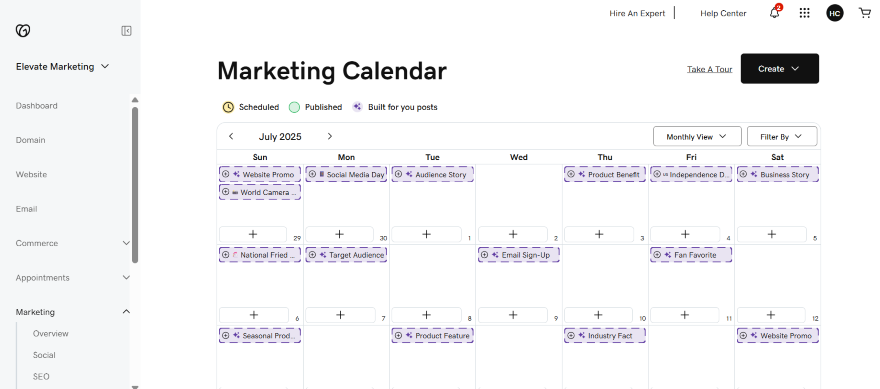 GoDaddy Marketing Calendar Screenshot of a marketing calendar for July 2025, featuring scheduled and published posts on various days and marketing themes.