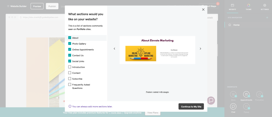 GoDaddy Onboarding Process Popup menu displaying sections options for a website builder, featuring "About Elevate Marketing" with colorful visuals for online and offline marketing.