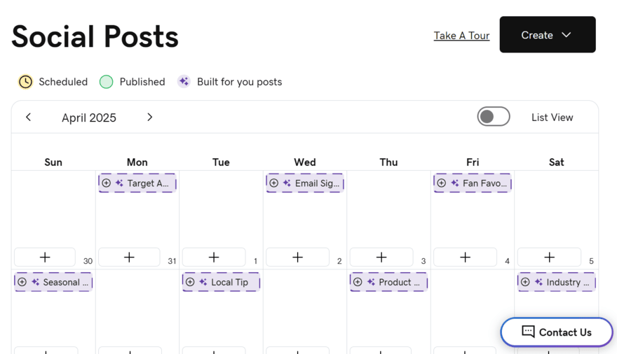 GoDaddy social post calendar GoDaddy's social post calendar showing suggested content ideas