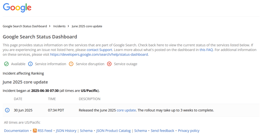 Google June core update Google incident dashboard reporting on the June 2025 core update