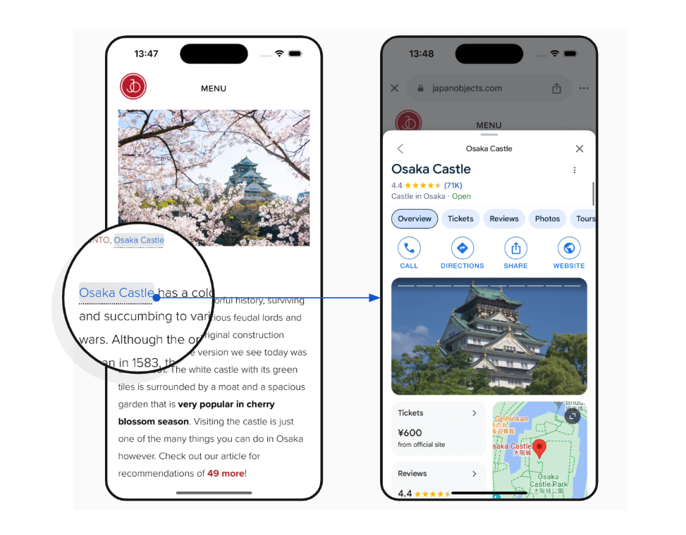 Google Page Annotations Example Two phone screens showing a Google link on a webpage and a Google location profile