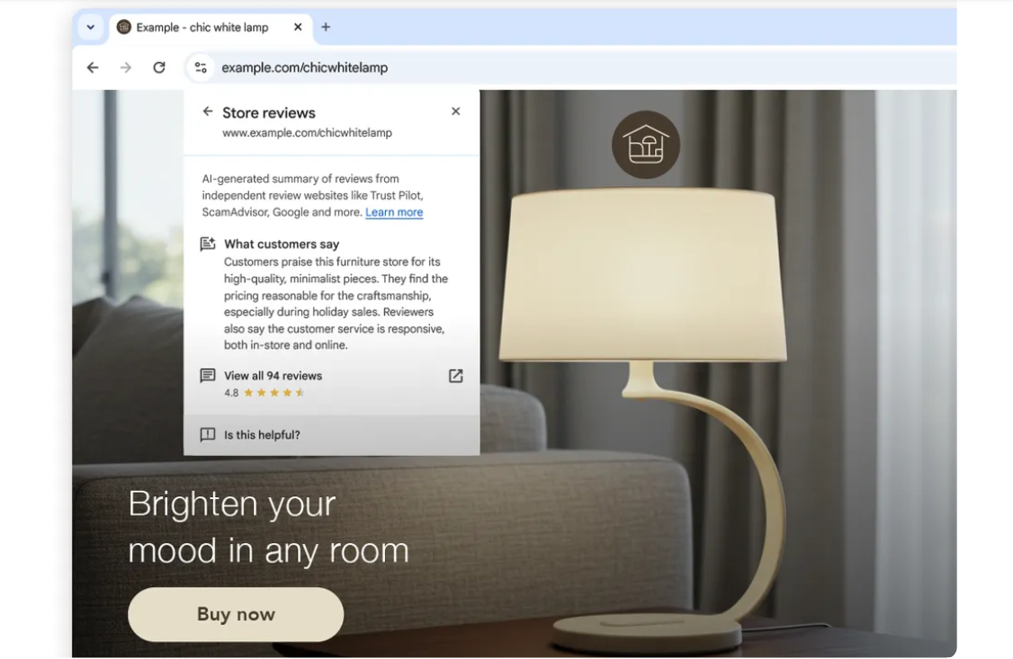 Google Review Summary A modern white lamp on a table beside a couch, with a review summary pop-up on a web page promoting the lamp.